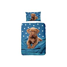 Bettwäsche mit Hundebaby auf blauem Tuch