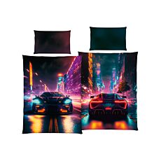 Bettwäsche mit Sportwagen bei Nacht