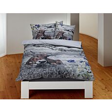 Bettwäsche Alpenmotiv mit Kuh und Holzmuster