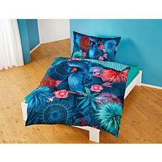Bettwäsche mit blauem Paradiesvogel und Blumenmotiven
