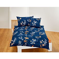 Bettwäsche blau mit Blumen in Weiss und Orange – Kissenbezug – 50x70 cm
