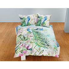 Bettwäsche in floralem Muster und blauem Pfau – Kissenbezug – 65x65 cm